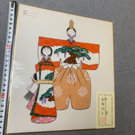 日本回流色纸，卡纸画，手绘书画作品，女儿节色纸，27*24cm，水彩画，日本浮世绘，立雏，松井鹭山