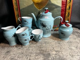 70，80年代，蓝釉墨竹茶壶一套y