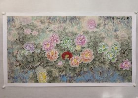 保真书画，当代工笔画名家，韩怀宽 《繁花似锦》六尺整纸牡丹国画新作97*180cm，纸本托片。韩怀宽，中国美术家协会会员、 中国工笔画学会会员。