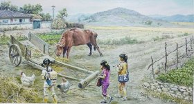 朝鲜油画，纯手绘油画，人物油画《童趣》
