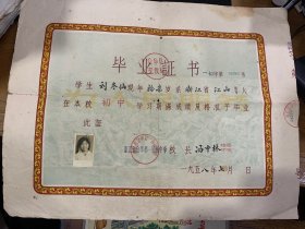 1958年金华县第一中学毕业证书，首见