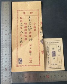 1929年中国合作学社社员证，和收据