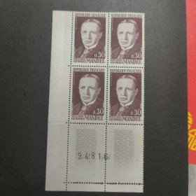 E510法国1964年7月4日名人人物 政治家和记者 乔治·曼德尔逝世20周年 雕刻版外国邮票 新 1全 4方联，如图 边纸齿间折，其中3枚票品相不好，有折，压痕等情况，如图