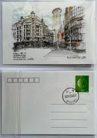 上海黄河路街景手绘明信片，黄河路邮局邮戳