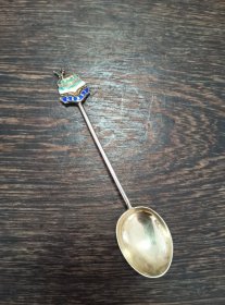 【西洋银器0008】老银器 1931年英国伯明翰产德比郡珐琅纯银勺 长9.5厘米 重6克