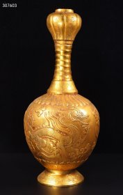 旧藏唐代纯手工打造鎏金高浮雕錾刻龙凤蒜头瓶