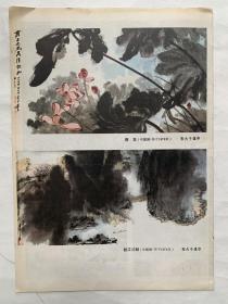 80年代插页印刷画片，张大千国画《荷花》、《秋江泛艇》，刘文西《陕西少女》，1983年7月文汇月刊插页