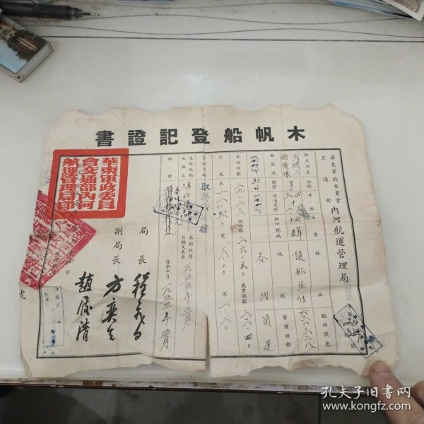 1955年安徽内河航运管理局登记发证的《木帆船登记证书》29.23吨。在解放初大运河中算大船了。（该船在扬州购买）