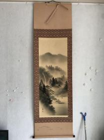 画195精品回流彩墨山水立轴，绢本绫裱木轴头，画芯41×106厘米，款印如图，品相如图完好，精装绫裱放心收藏！