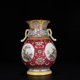 旧藏 清乾隆珐琅彩胭脂红轧道纹开窗四季花鸟纹转颈瓶 26.5*18厘米