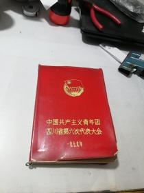 笔记本   （中国共产主义青年团四川省第六次代表大会1979年）    （  36开本，内页前三分之一有写字，记录了文学知识。封面右下角缺角，封底左下角有裂口。品相不好。便宜出。