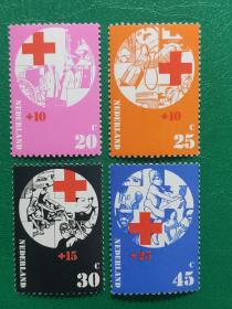 荷兰邮票 1972年红十字会-急救 血库 灾害救济 儿童抚育 4枚新