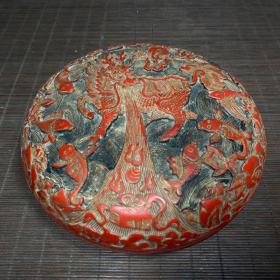 漆雕麒麟龙吸水图圆盒，直径17.5厘米，厚度6.5厘米，重468克，