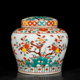 明成化五彩花鸟喜上眉梢多字款天字罐；13.5x13.5厘米
