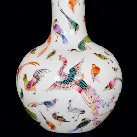 清雍正珐琅彩百鸟纹天球瓶2 33/23厘米