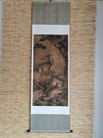 沈铨双鹿图复制品挂轴，画心宣纸印制