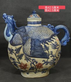 旧藏美品，元青花釉里红凤纹凤首壶