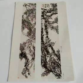七八十年代8开老画一张印刷品，许麟庐（藤萝、白梅）