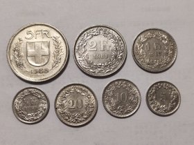 （满百包邮）瑞士1963-1994年5分-5瑞士法郎硬币1套7枚，永久包真。品相如图所示