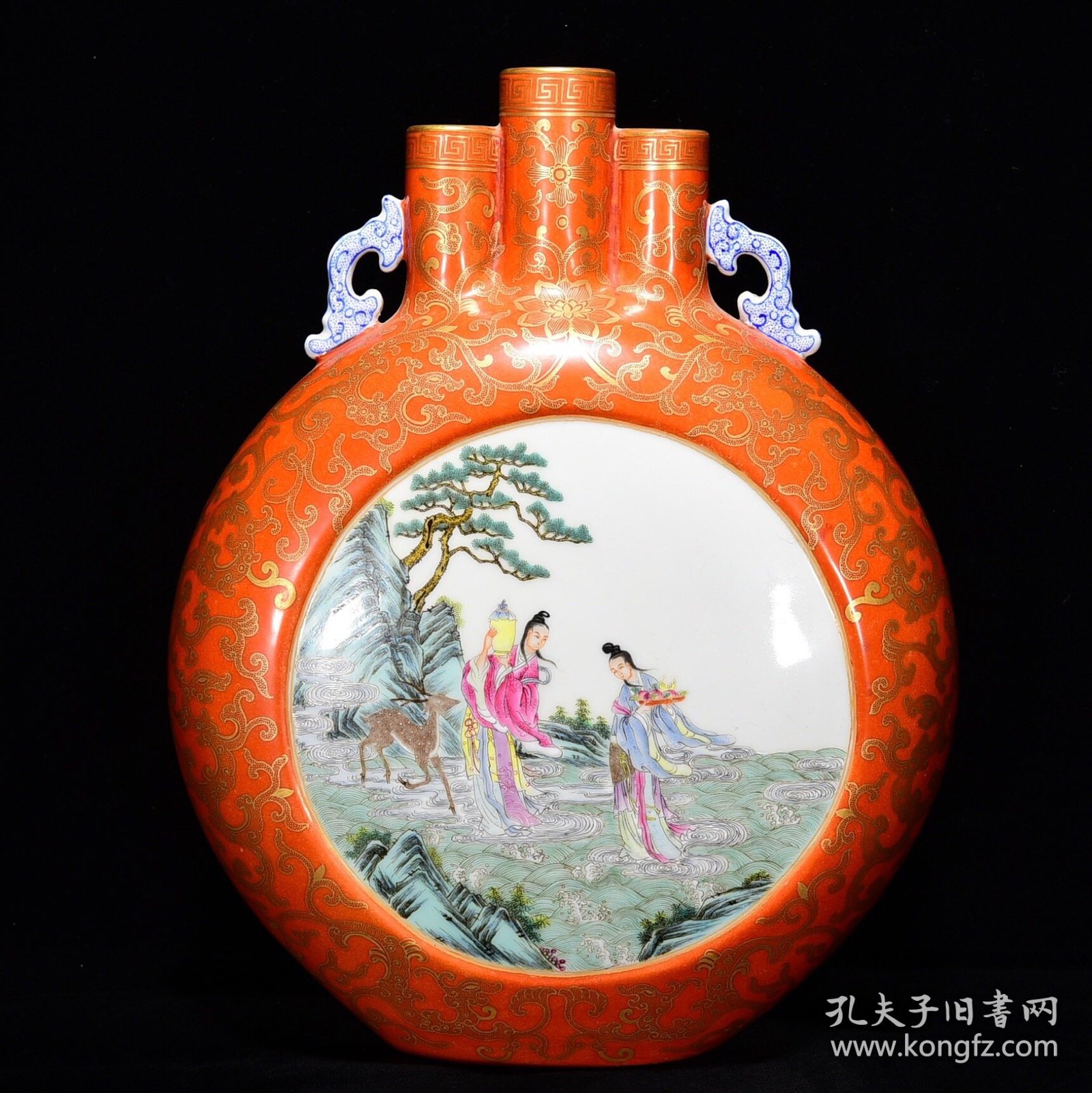 清乾隆胭脂红描金人物故事纹扁瓶尺寸30*24厘米编号13462580053