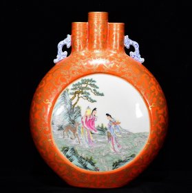 清乾隆胭脂红描金人物故事纹扁瓶尺寸30*24厘米编号13462580053