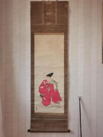 日本老人物画挂轴，元戴款，百年以上。绢本绫裱，画芯115×40，红木轴头，品相如图。