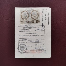 1987年在奥地利口岸签发的短期入境签证 （护照签证，旅行签证，外国签证）