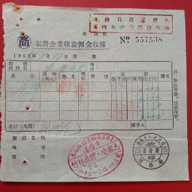 1954年8月13日，住宿费，私营企业收益佣金收据，老字号竹林旅馆，沈阳市人民政府税务局（生日票据，宾馆旅馆住宿类发票）。（56-5）