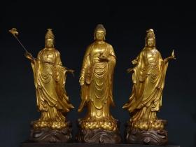 铜  鎏金【西方三圣】 造像一套三个 尺寸：单个高48厘米  宽19厘米 厚15厘米  总 重14.75公斤