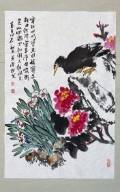 花鸟画，八哥鸟，百合，牡丹，写意画法，纯手绘，假一赔万，墨透纸背的，山东省美协谢景波老师的原创大作，老师画的非常细，笔法苍劲有力，浓淡干湿枯，花鸟画的很写实，很传神。尺寸45×68公分的，四尺三开的，家里客厅，卧室，书房，茶室，玄关都可悬挂，朋友结婚，家有喜事，乔迁新居送礼再好不过了，非常合适，很有意境的一幅画！