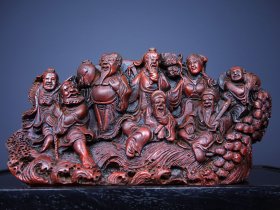 旧藏朱砂雕刻摆件八仙过海 尺寸：长23cm宽6cm高11.5cm 重量：1790g