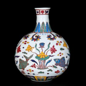 明宣德五彩连年有余纹扁瓶;32x24厘米