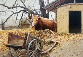 精品全新朝鲜油画，纯手绘油画，动物油画《牛》