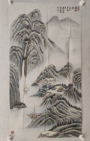 津门画家，吴伯松青绿山水画100*53cm，软片。画心有小口。