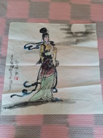 【纯手写】天津美术协会会员 蓟州区书画名家 孙玉顺 （孙玉顺，1949年出生，毕业于天津美术学院，现为蓟县文化馆馆员，天津美术家协会会员，当代中外艺术家联谊会会员）画作 月下貂蝉 68*68厘米 未装裱 实物拍摄（印章为毛笔所画，小卧室大衣柜上面书画卷26存放）