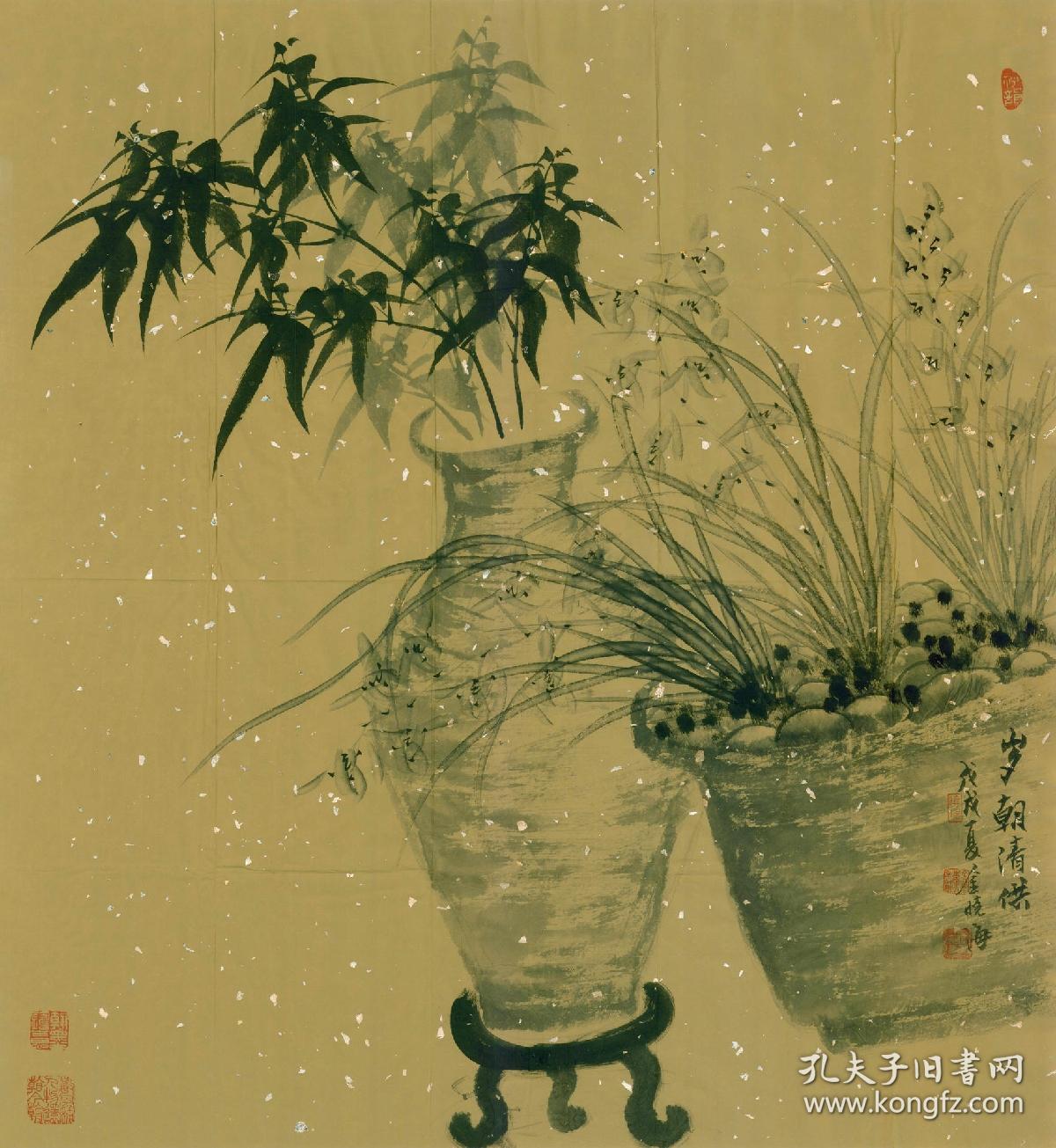 兰亭画院院长金晓海8平尺兰竹清供，95X86厘米纸心，真迹，包换包退，想买时私聊价格。
金晓海， 1963年生于浙江临安。1990年毕业于中国美院。现为杭州兰亭画院院长、中南海紫光阁画院院士、中国文联书画艺术交流中心会员、浙江省诗书画之友社理事、国礼特供艺术家、中国非物质文化遗产画家、G20峰会会晤厅背景画作者。