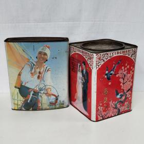 老式人物花鸟饼干盒搪瓷罐茶叶桶珐琅彩铁皮桶