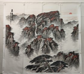 保真书画，当代山水画名家，乔顺峰《基业永泰》巨幅殿堂级山水画佳作180*196cm（30多个平尺），纸本托片。 乔顺峰，现为国家一级美术师，中国民族画院山东分院副院长、腾飞书画院院长、中国工艺美术家协会会员、中国书画研究院高级美术师、中国国际书画家联合会特约研究员。裱在一起的通景四屏。