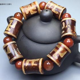 古玩杂项西藏万字天珠手链手串男款玛瑙桶珠玉髓包浆天珠老货手串