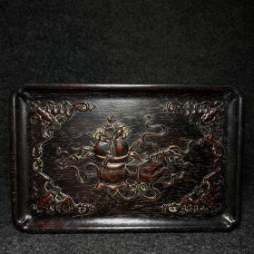 旧藏黑檀木雕刻精品茶盘
尺寸：长宽厚35.7/23.2/3厘米