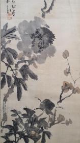 F 292号  南画名家（松林桂月 1876~1963 ）绢本手绘水墨牡丹《富贵国香》 老画新裱！这个牡丹的题材很少见！