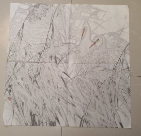 Z 609号 甘肃籍青年画家（李国盛）纸本手绘雪中双鹭 未装裱画片！得自作者本人保真！