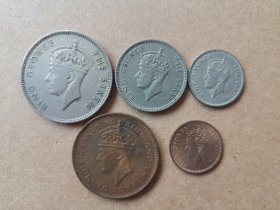 英属毛里求斯乔六：1分、5分、1/4卢比、1/2卢比、1卢比（5枚合售）