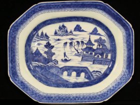 清乾隆青花楼台亭阁风景纹大方盘，尺寸40.2×22.7×4cm，包老。