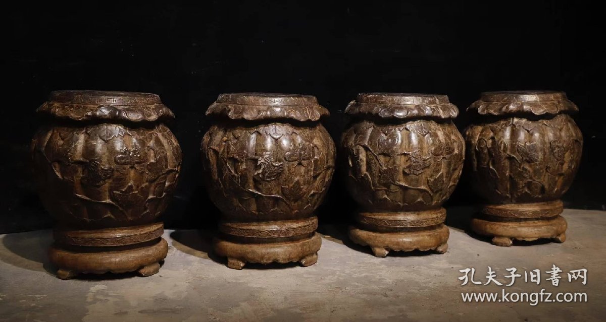 （议价） 清代青石瓜棱花纹绣墩一套高52cm最大直径40cm面直径27cm