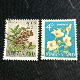 外国邮票  新西兰  花卉  信销票2枚