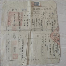 1953年河北省王田昙人民政府，补契地契，带1952年税票。
