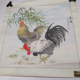 林国华画 国画求偶 公鸡母鸡图（画心约65× 65cm）