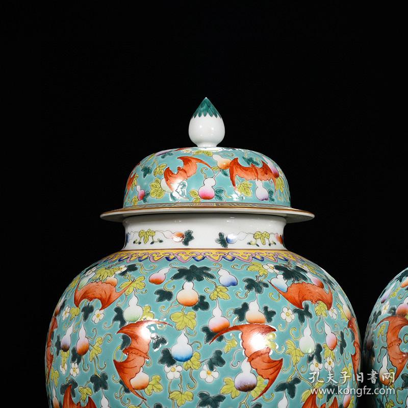 清代瓷器精品老货收藏 清乾隆绿地粉彩福寿纹将军罐