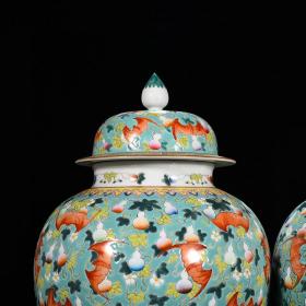 清代瓷器精品老货收藏 清乾隆绿地粉彩福寿纹将军罐